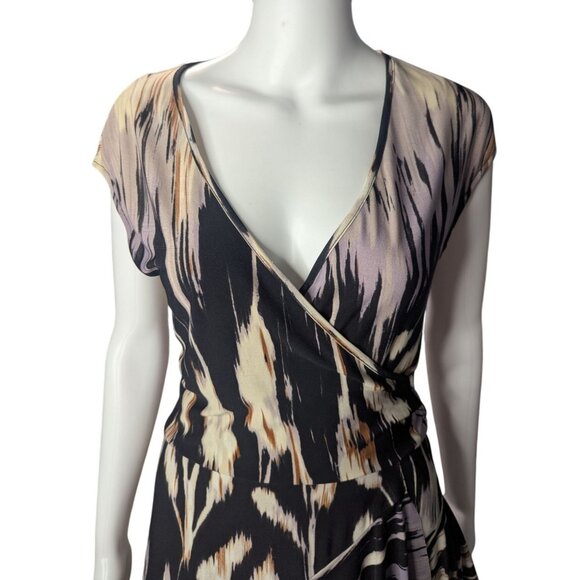 Donna Morgan Faux Wrap Dress Womens Sz 8 Abstract Print Ruffles Colorful Artsy - Picture 2 of 11